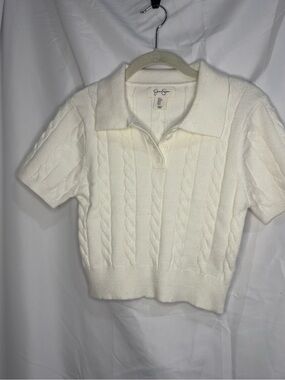 Jessica Simpson Cream Cable-Knit Polo Crop Top